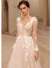 Long Sleeves Beaded Floral 3D Lace Tulle Wedding Dress